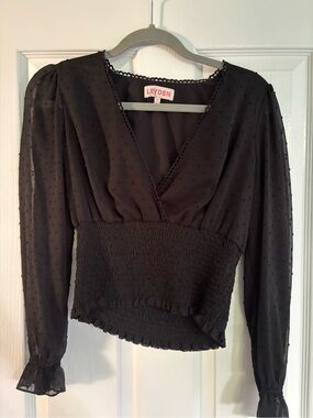 Leyden Black Swiss Dot Smocked Peplum V-Neck Blouse
